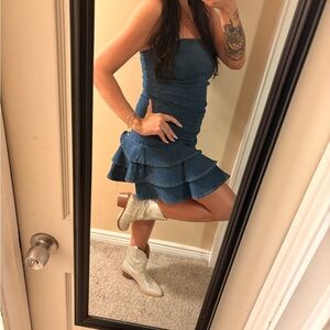 Denim Strapless Ruffle Dress